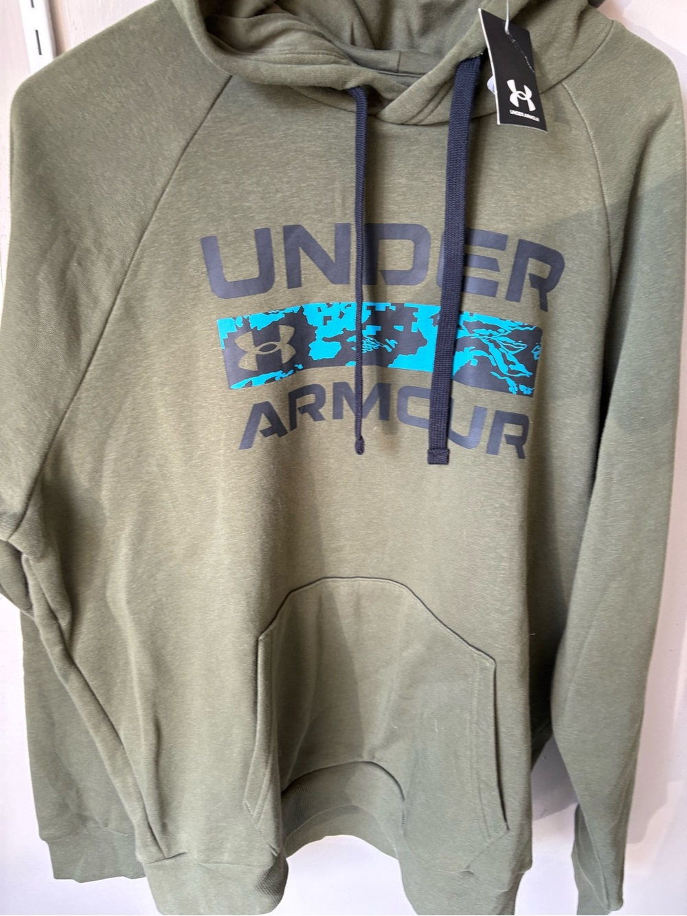 Under Armour Olive Green Hoodie with Navy Trim and Teal Logo